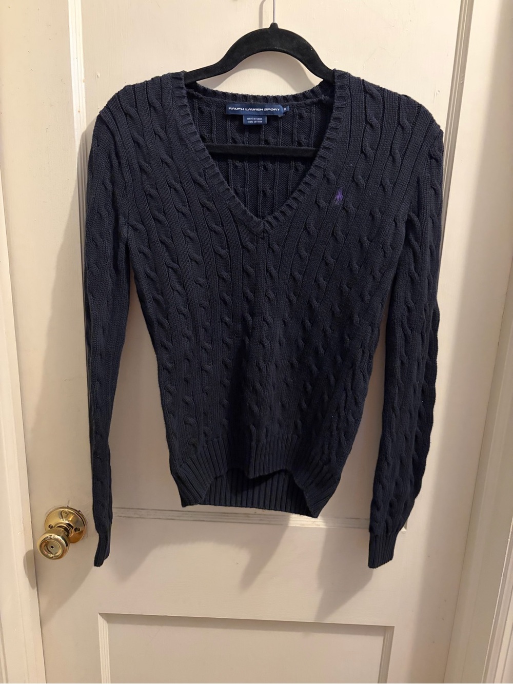 Ralph Lauren Sport Black Cable Knit V-Neck Sweater M 100% Cotton purple pony